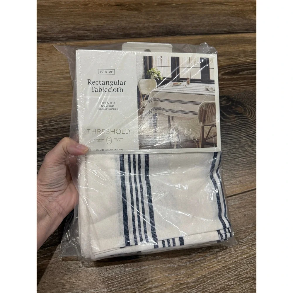 Threshold Rectangular Tablecloth 60x120 Navy Blue White Striped 100% Cotton NEW